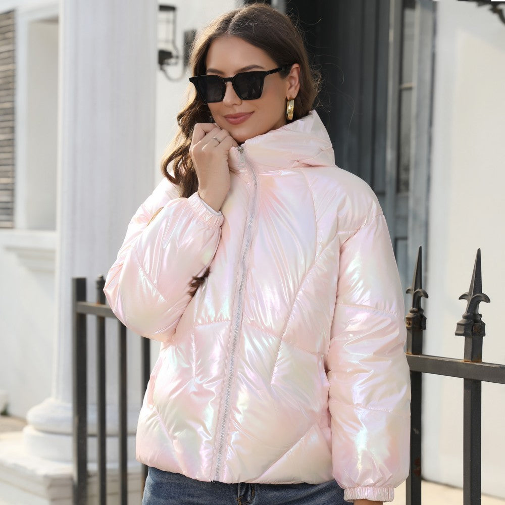 Shiny Surface Cotton Cloth Hooded Puffer Jacket Coat