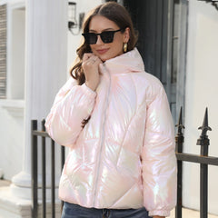 Shiny Surface Cotton Cloth Hooded Puffer Jacket Coat