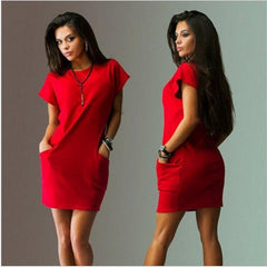 Clothing Casual Short Sleeve O-Neck Black Blue Dresses Slim Pocket Bodycon T Shirt Dress