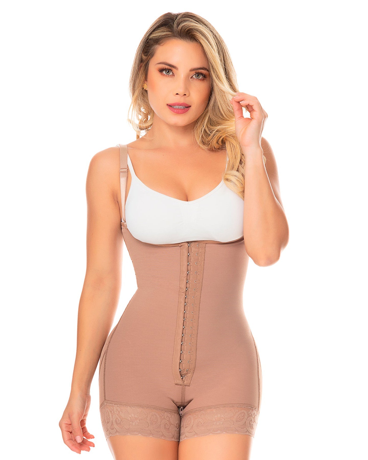 Fajas Colombianas Body Shaper Short Girdle With 2 Line Hooks, Semi Covered Back, Free Breasts, Butt Lifting