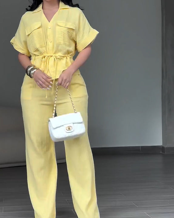 2 Piece Outfits Short Sleeve Drawstring Shirts and Wide Leg Pants With Pockets