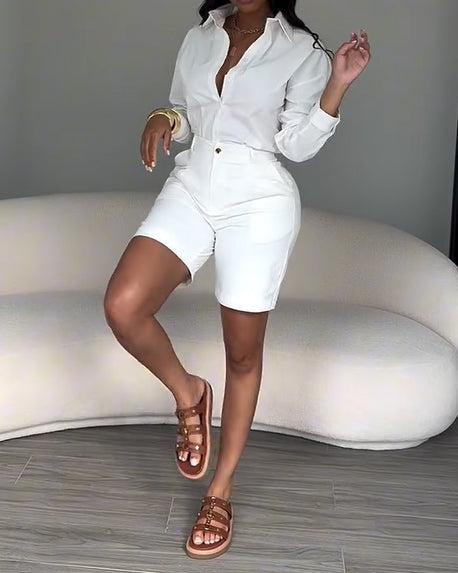 2 Piece Sets For Elegant Button-Down Shirt Paired with Tailored Bermuda Shorts
