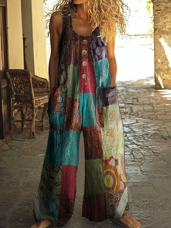 3D Digital Printing Vest With Pocket Floral Jumpsuit