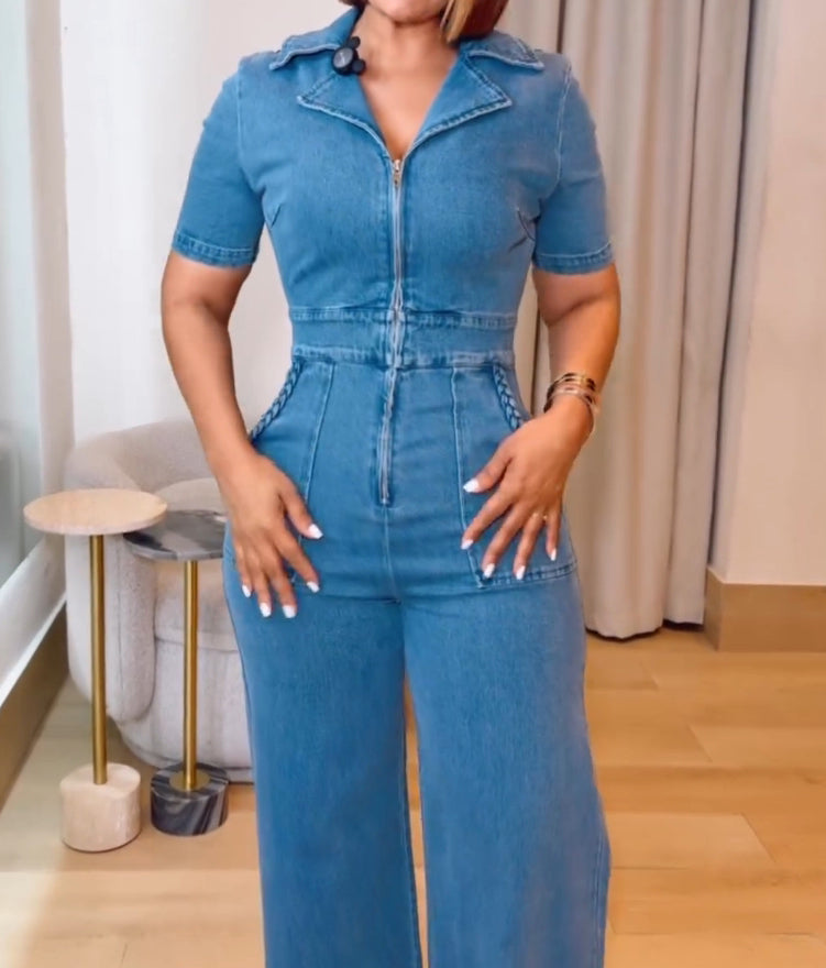 Casual Short Sleeve Loose Straight Leg Demin Jumpsuits with Pockets