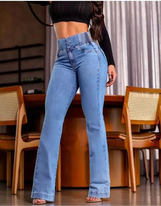 Back Shirred Button Front High Waist Jeans Skinny Flared Denim Jeggings