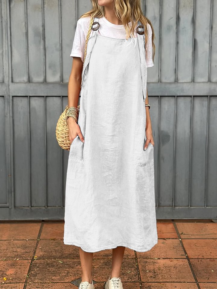Adjustable Shoulder Strap Casual Cotton And Linen Dress