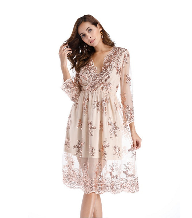 Simplee V long neck party dresses mesh streetwear Christmas MIDI dress female dress