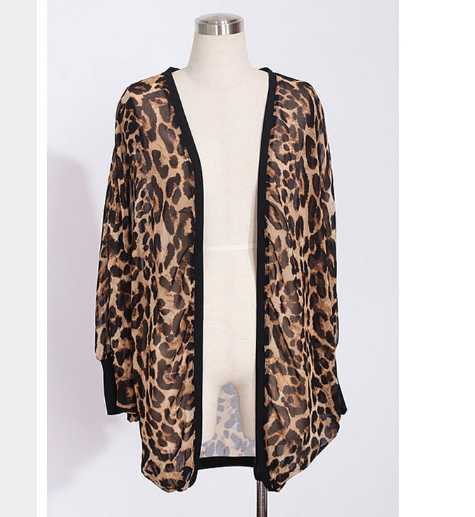 Leopard Print Chiffon Kimono Cardigan Shawl Batwing Sleeve Sheer Beach Cover Up Ladies Boho Tops Blusas