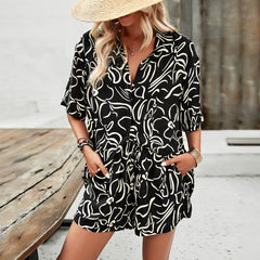 2Pcs Casual Printed Suits Short-sleeved Shirt And Drawstring Shorts Womens Clothing