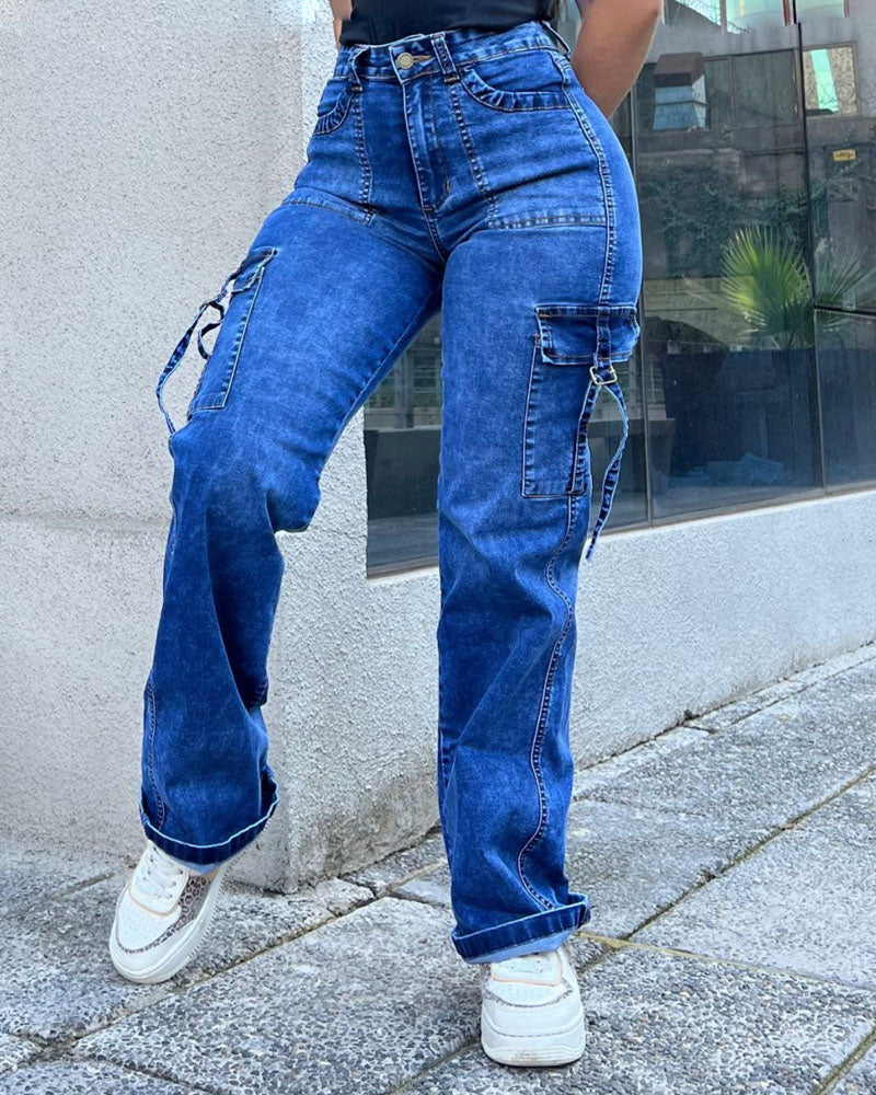 High Waist Cargo Jeans Flap Pocket Wide Leg Denim Pants