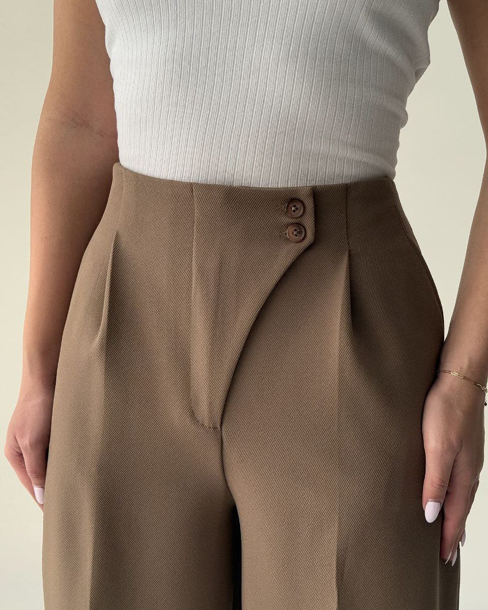 Asymmetric Unique Waist Design High-Rise Wide-Leg Trousers