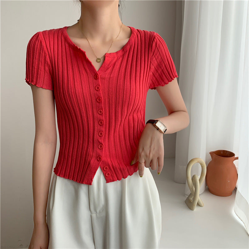 Style High Waist Cropped Short Slim Top Short Sleeve Knitted Cardigan