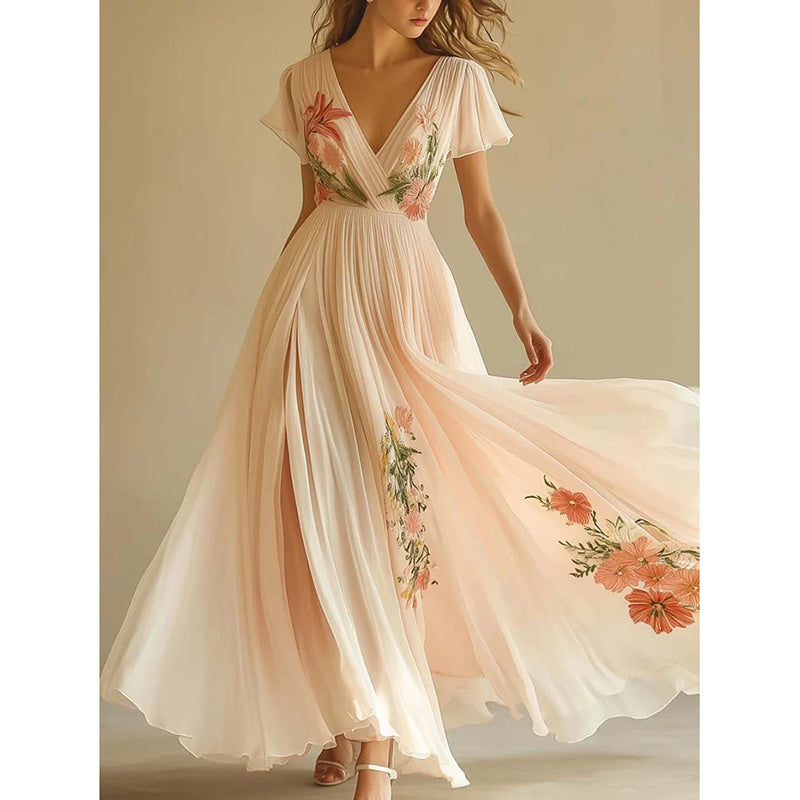 Floral Print V Neck Pleated Chiffon Dress Flutter Short Sleeve Maxi Flowy Beach Wedding Guest Dresses
