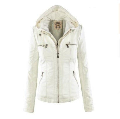 Detachable Hooded Jacket With Pockets Casual Solid Color Zipper Long Sleeve Leather Coat Clothing