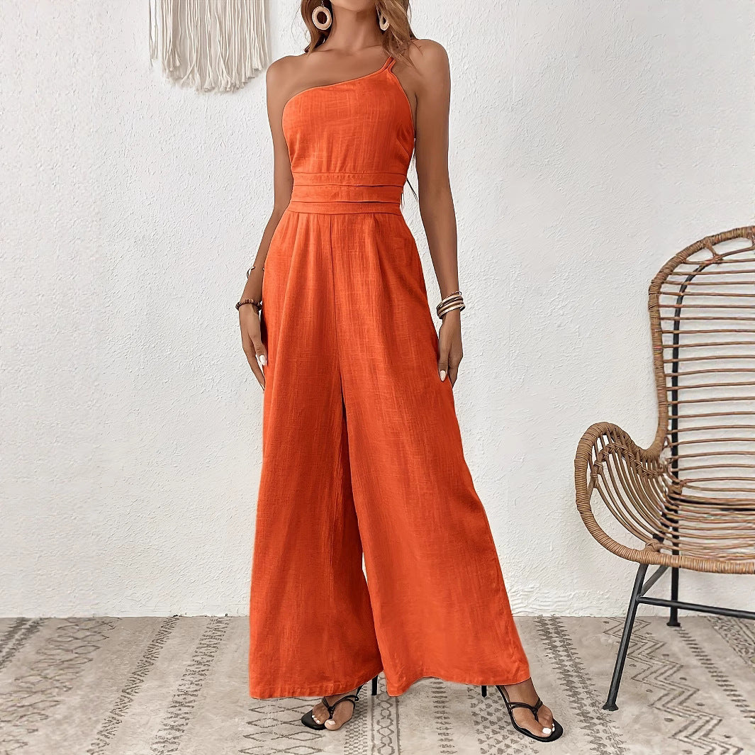 Solid Color Wide-leg Thin One-shoulder Jumpsuit
