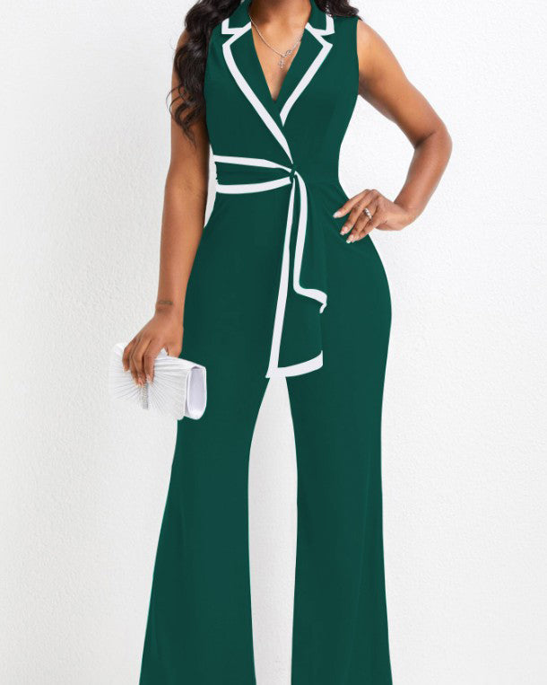 V-Neck Splicing Sleeveless Wide-Leg Jumpsuit
