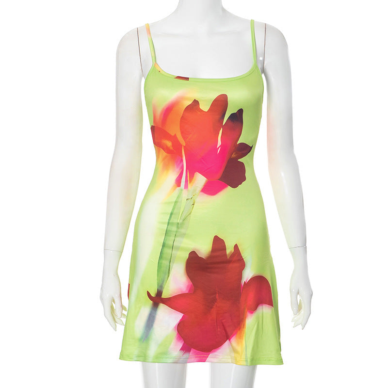 Flowers Printed Suspender Dress Slim Square Neck Short Dresses Beach Clothing For Women