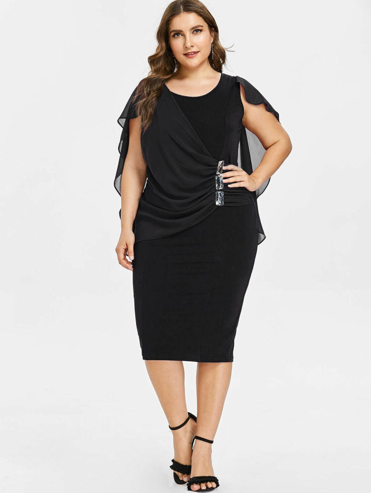 Round Neck Short Sleeve Chiffon Shawl Tight-Fitting Plus Size Dress Women