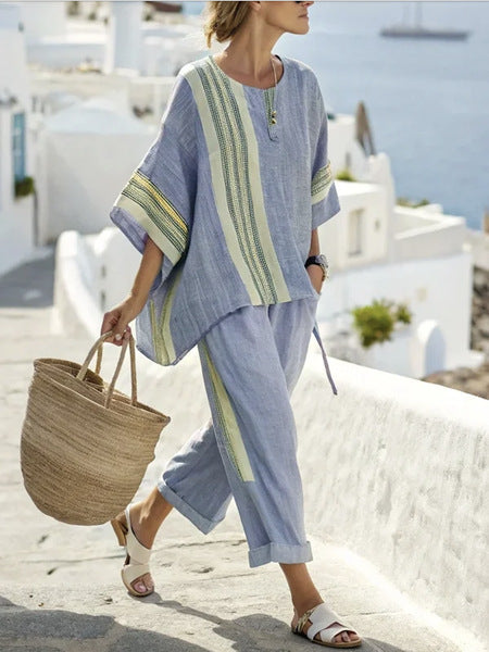 Striped Suits Loose Batwing Sleeve T-shirt And Solid Straight-leg Pants