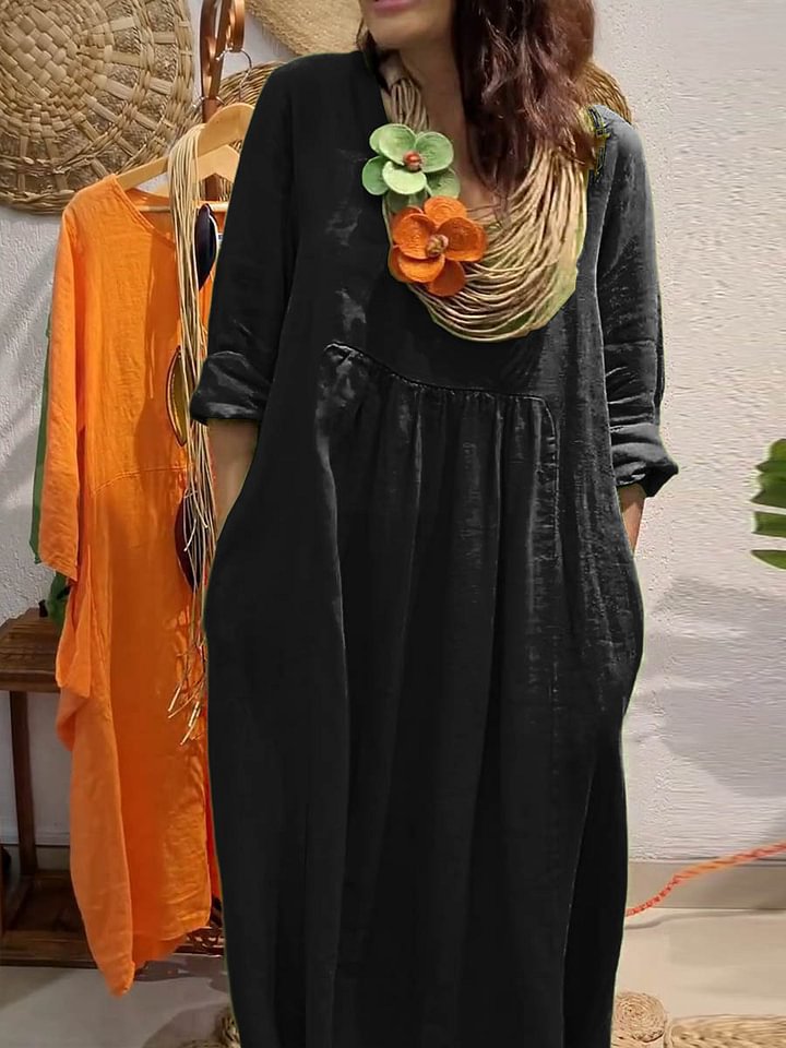 Casual Solid Color Cotton And Linen Pocket Dress
