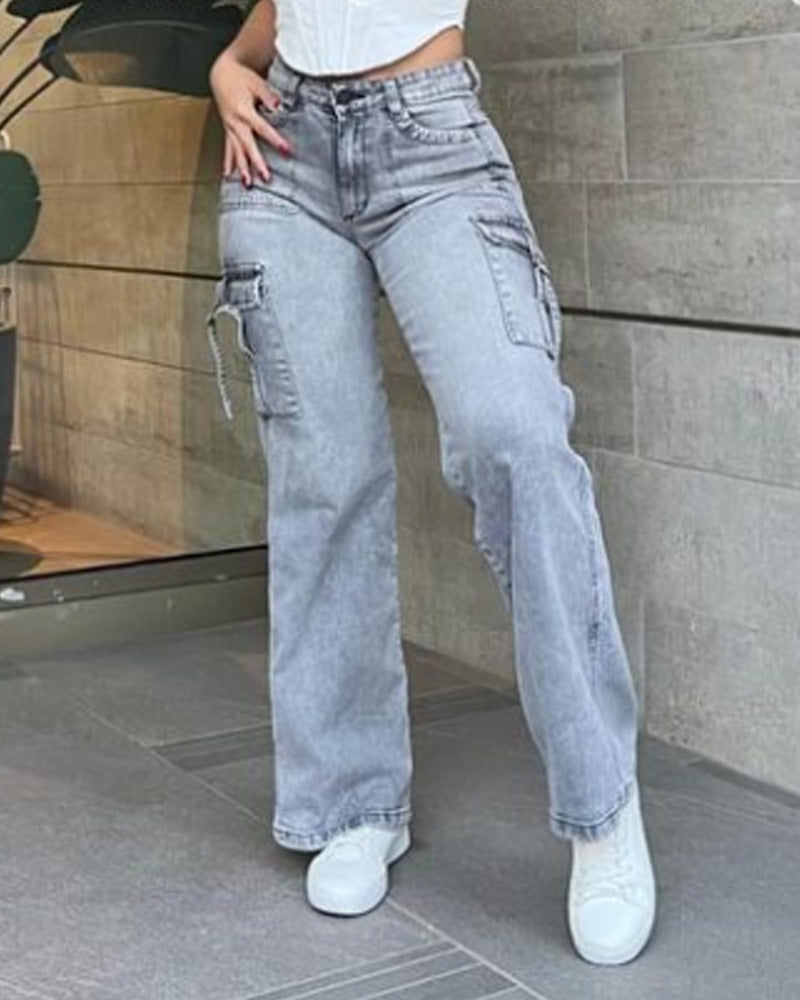 High Waist Cargo Jeans Flap Pocket Wide Leg Denim Pants