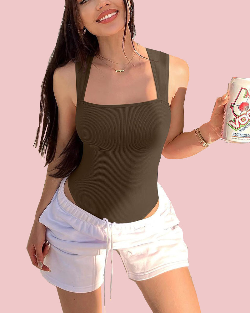 Ribbed Strappy Square Neck Sleeveless Tummy Control Tank Tops Bodysuits