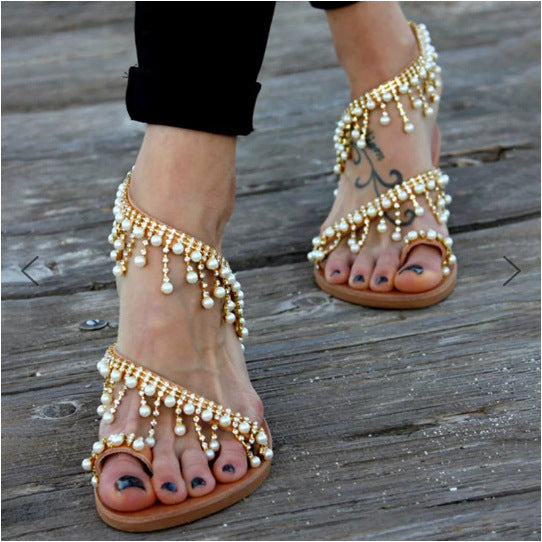 Sandals Flat Pearl Comfortable String Bead Slippers