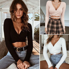 Ladies Slim Crop Tops Long Sleeve T Shirt Casual Solid V Neck Knitted Short Tops
