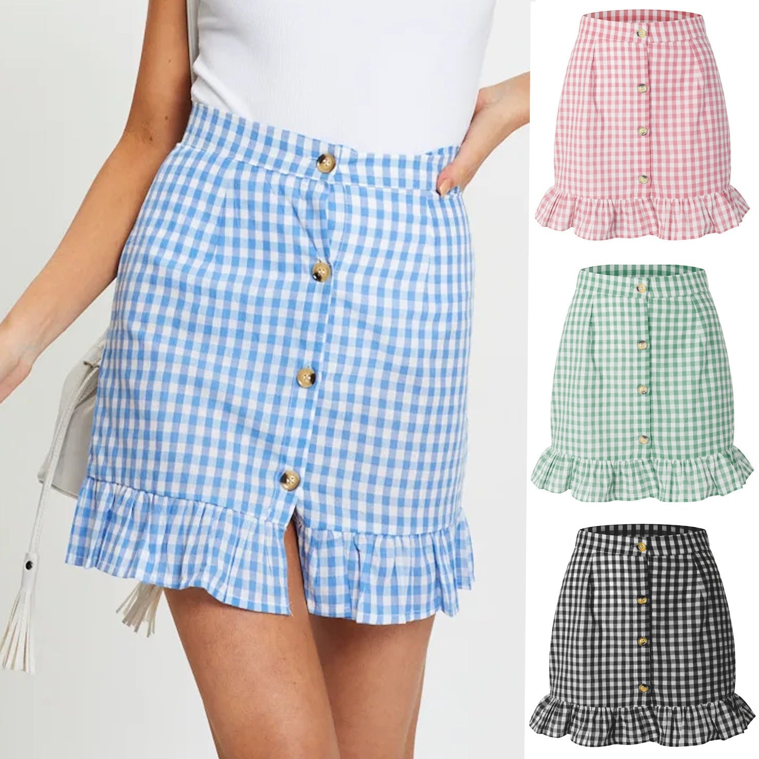 Plaid Lotus Leaf Skirt High Waist