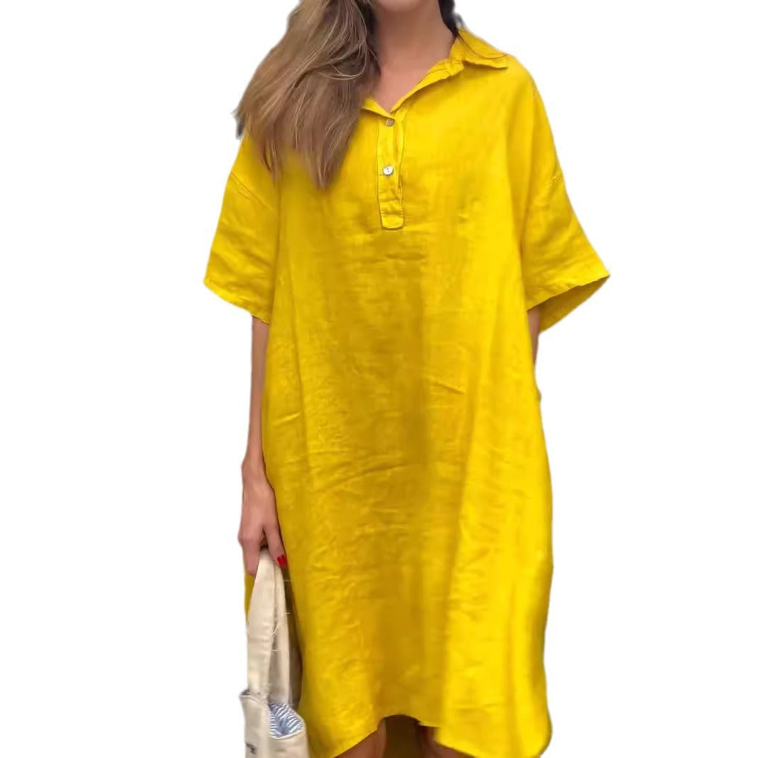 Solid-color Casual Cotton-linen Long Dress With A Turn-down Collar And Buttons