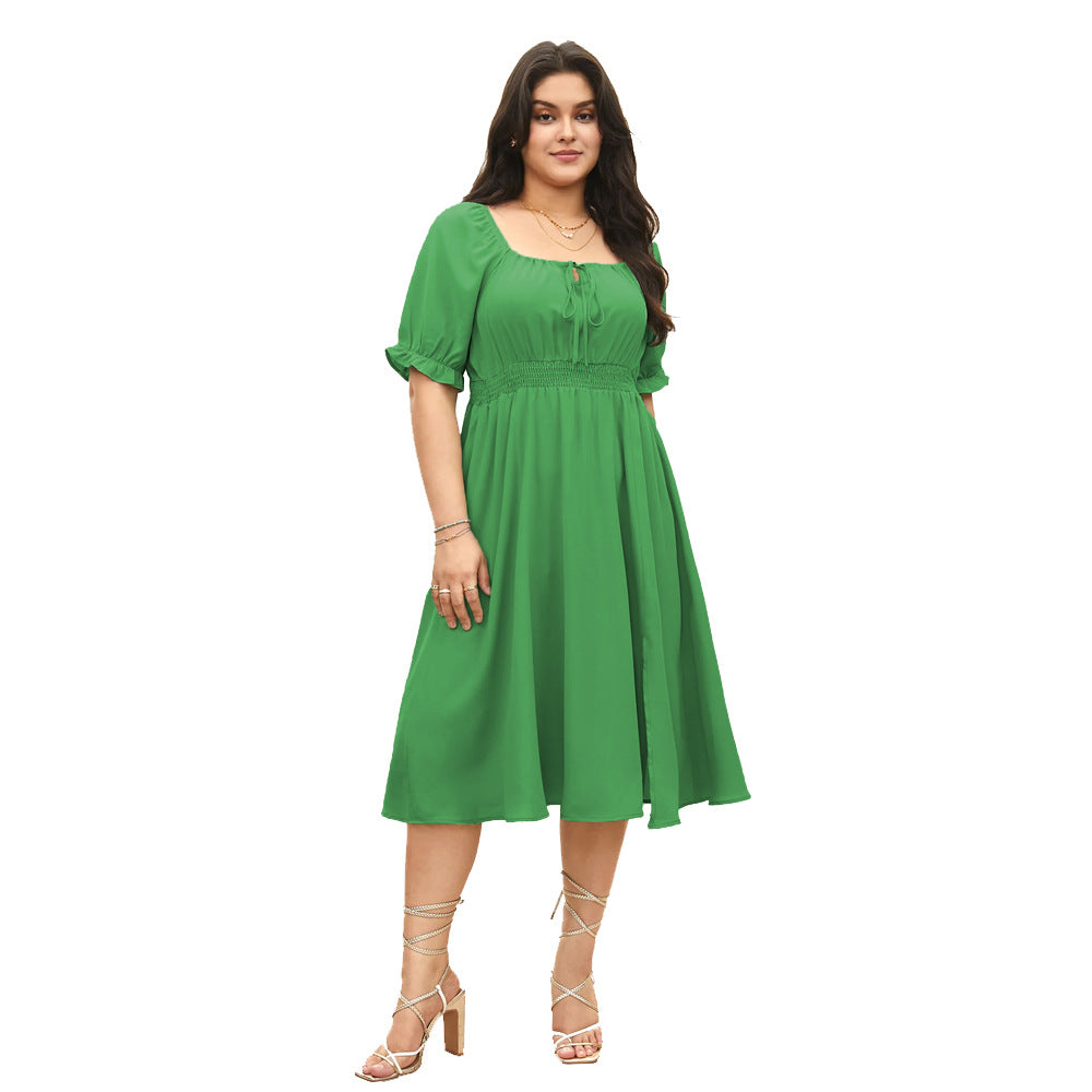 Retro Square-Neck Puff-Sleeve Waist-Cinched Slimming Green Midi Dress