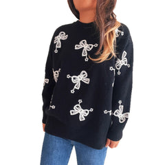 Contrast Color Bow Casual Loose Knitted Round Neck Sweater