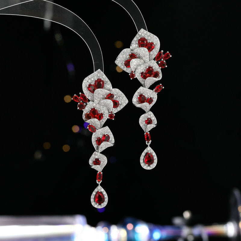 1 Pair Gorgeous Long Dangle Flower Earrings, Cubic Zirconia Earrings For Women, Party Prom Dress Jewelry, Birthday Holiday Gift