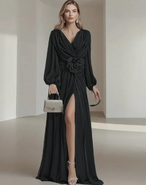 Flower Pleated Chiffon Wedding Dress Long Buff Sleeve Flowy V-neck Maxi Dress