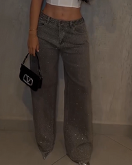 Diamond-Studded Straight-Leg Jeans Denim