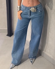 Diamond-Studded Straight-Leg Jeans Denim