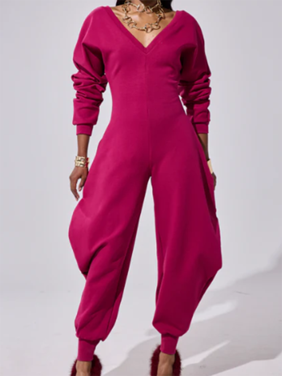 V-Neck Slim Long-Sleeved Jumpsuit