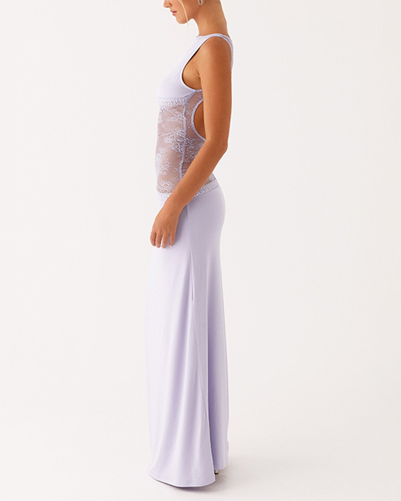 Slim Lace Satin Patchwork Backless Maxi Dress