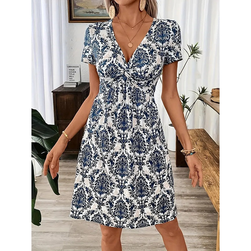 Vibrant Leopard Print Twist Front V Neck Casual Short Sleeve Bodycon Mini Dresses