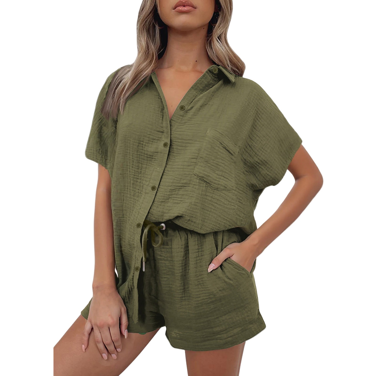 Casual Cotton And Linen Shirt And Shorts Set Womens Clothing