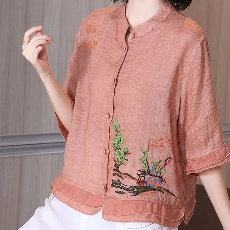 Vintage Cotton Linen Embroidered T-shirt