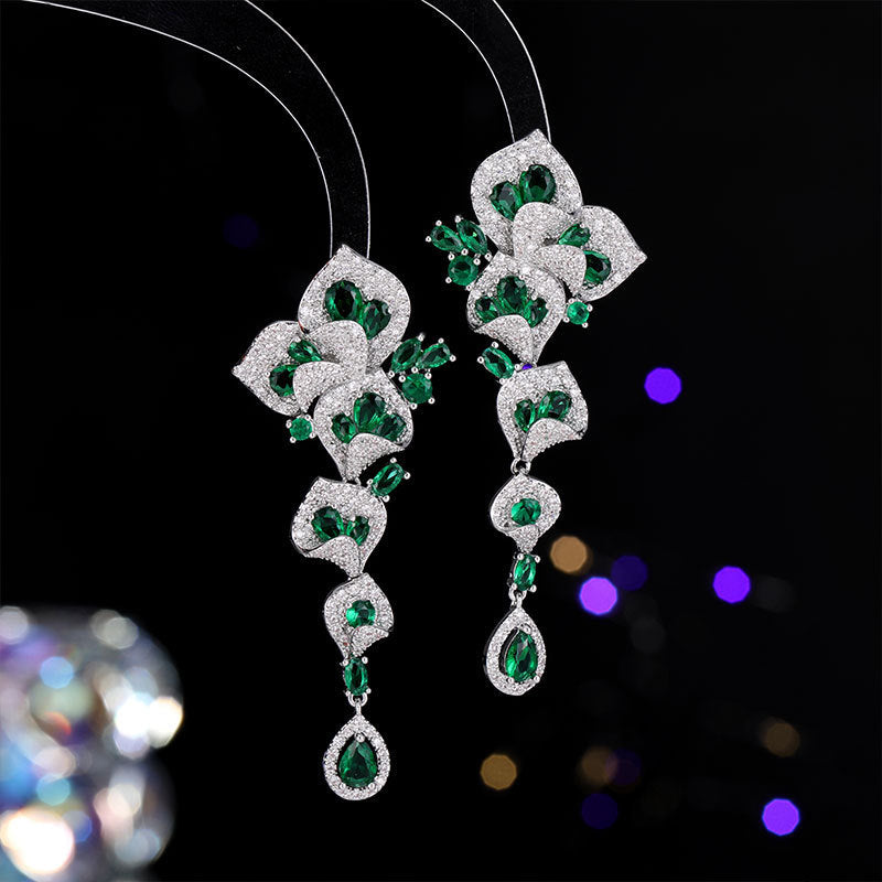 1 Pair Gorgeous Long Dangle Flower Earrings, Cubic Zirconia Earrings For Women, Party Prom Dress Jewelry, Birthday Holiday Gift
