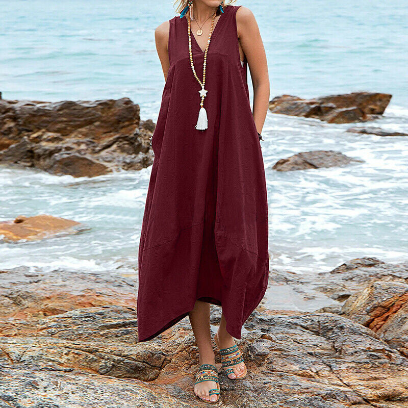 Cotton And Linen V-neck Pocket Casual Dress