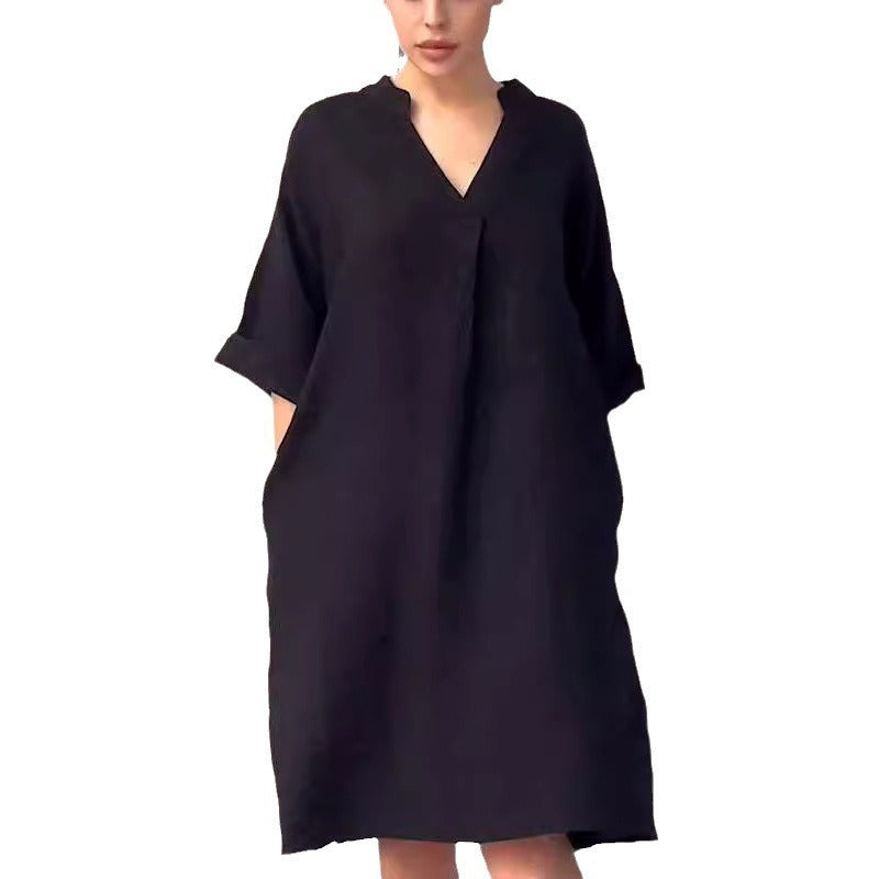 Cotton Linen V-neck Loose Plus Size Dress