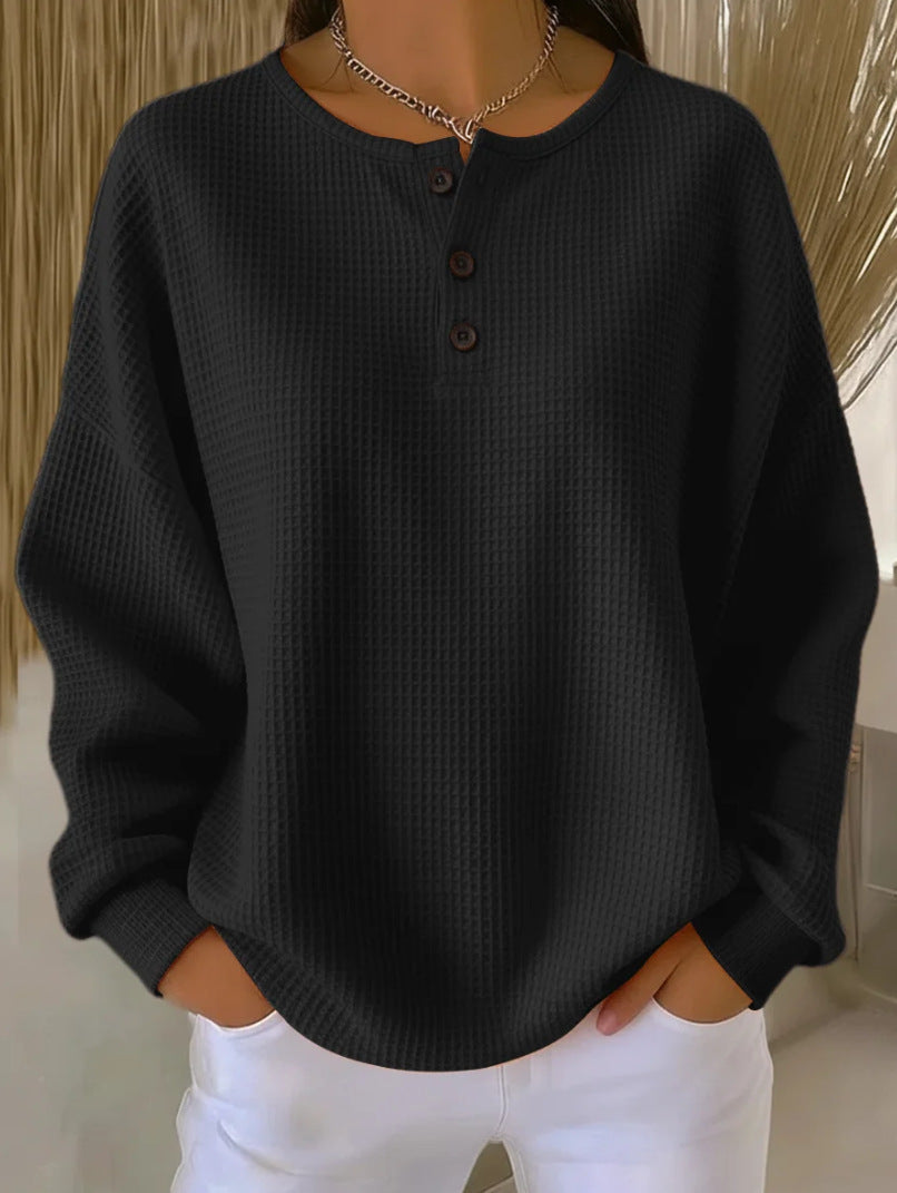 Ins Waffle Long-sleeved T-shirt Solid Color Buttons Round Neck Pullover Top Clothing