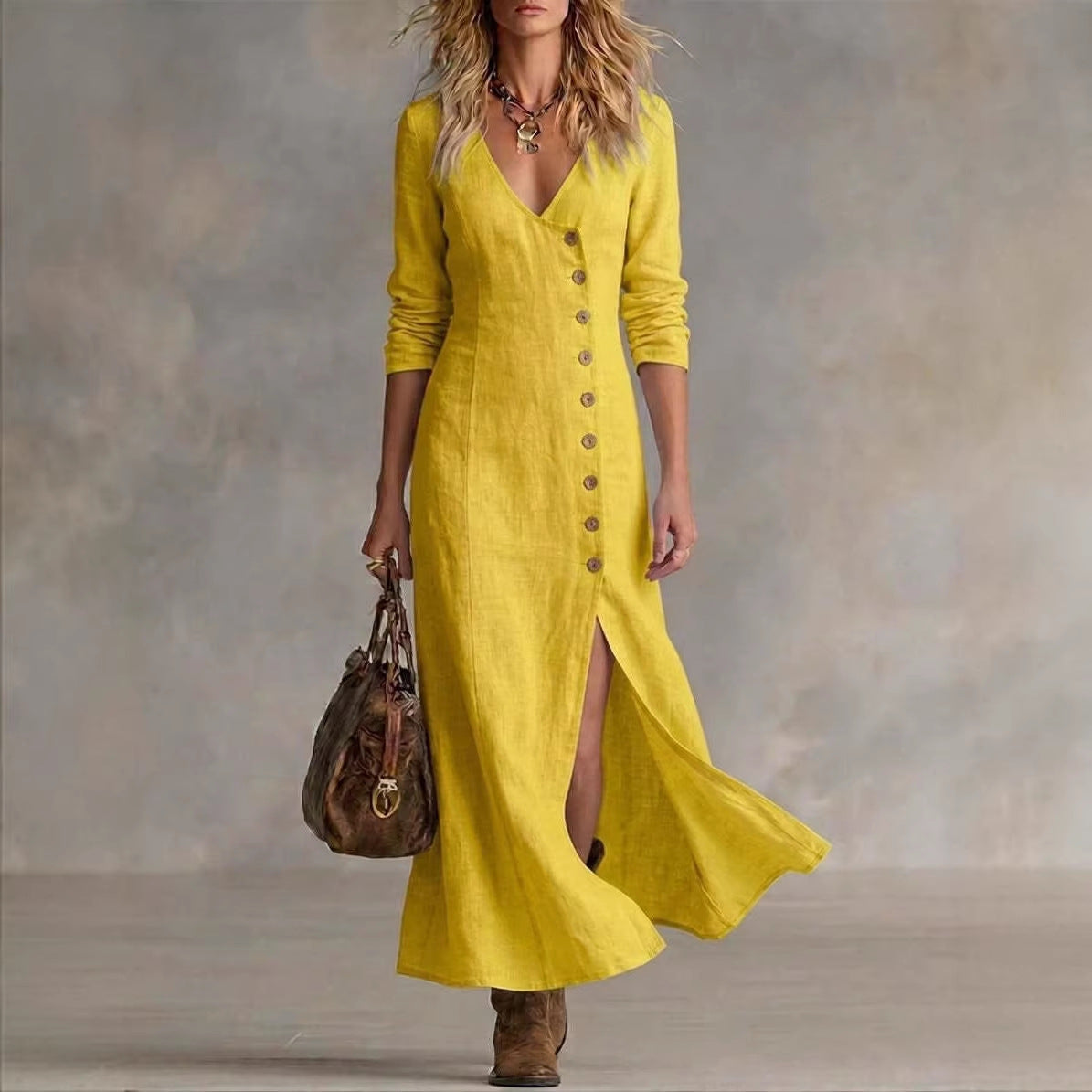 Casual Cotton-Linen Long-Sleeve Womens Dress