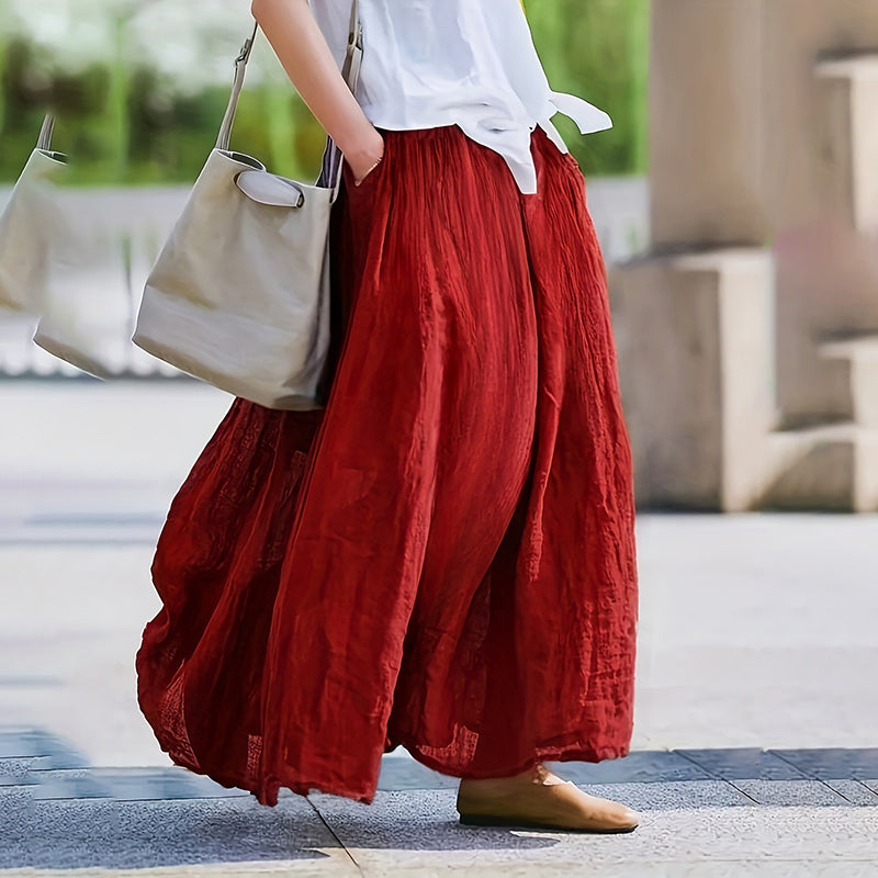 Bohemian Beach A-Line Dress Elastic Waist Flowy Long Maxi Skirt With Pockets