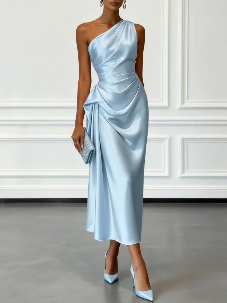 Womens Satin Pleated Waist-cinching Dress