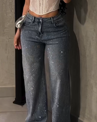New Sparkling Diamond-Studded Straight-Leg Jeans