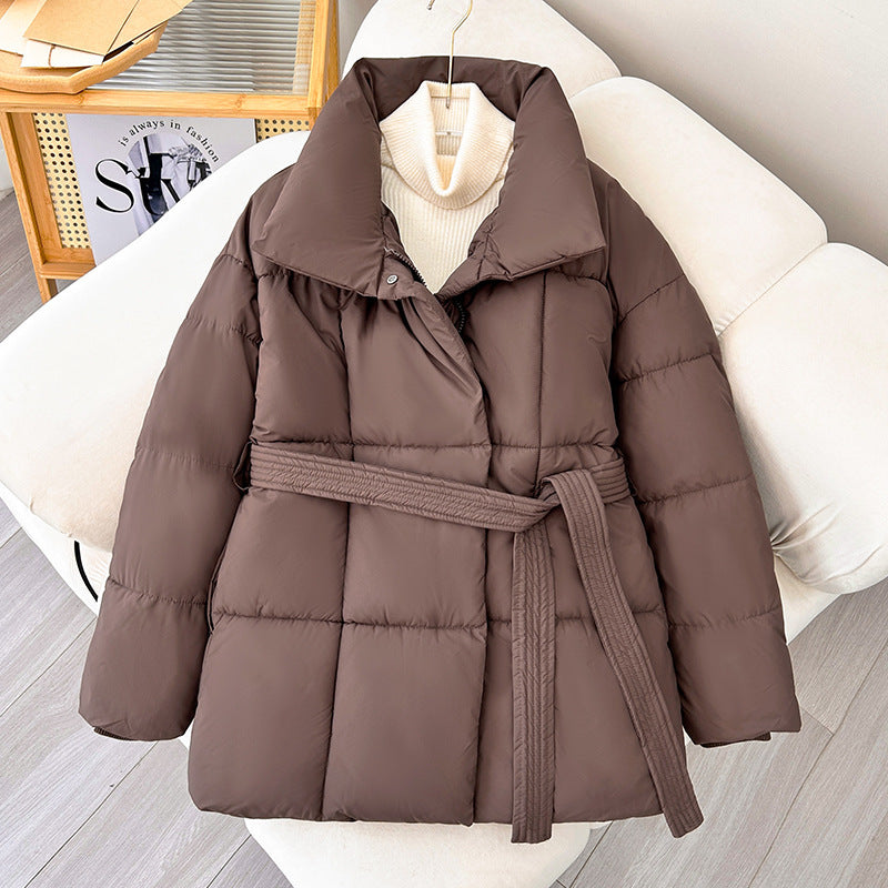 Plaid Sewing Lapel Coat With Lace-up Design Loose Solid Thick Jacket Outerwear Clothing